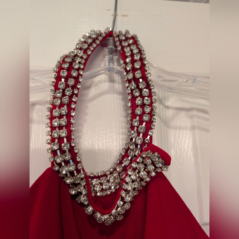NWT Ieena For Mac Duggal Red Halter high slit long maxi dress rhinestone gown 8 - Picture 5 of 16